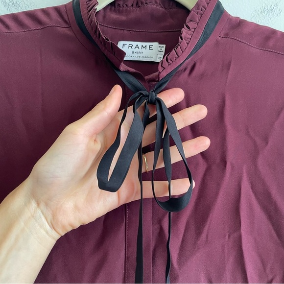 Frame Ruffle Neck Contrast Tie Silk Blouse XS burgundy Edwardian renaissance red - Picture 6 of 14